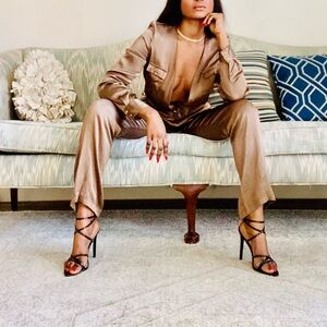 JLUXLABEL Bronze Colored Satin Jumpsuit